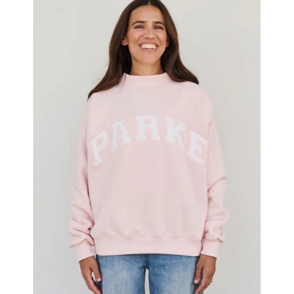 NEW Parke Varsity Mockneck Rose White Fleece Sweatshirt L/XL Oversized Pullover - Picture 2 of 15